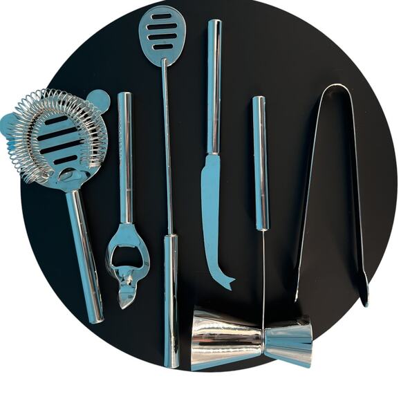 Stainless Steel Bar Tools Six Piece Set and Stand Cocktail Party Bartender Drink - Picture 1 of 13